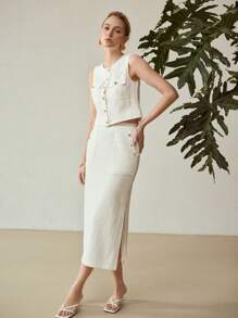 MOTF PREMIUM 亚麻混纺侧开衩纽扣细节半身裙