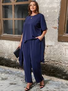 SHEIN Clasi 大码雪纺面料多层不对称交叉叠穿不对称上衣+双层雪纺裤休闲度假通勤两件套 藏青色 夏装套装女 2 件套 女士 - 藏蓝色 - 查看 1