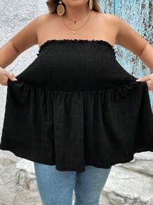 SHEIN CURVE+ 加大码纯色裹胸式夏季波西米亚风抹胸上衣，加大曲线，波西米亚风度假 - 黑色 - 查看 6