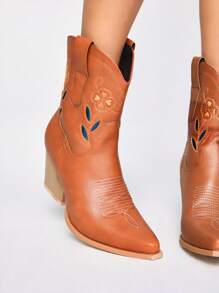 ROMWE Fairycore Women's Pointed Toe Chunky Heel Embroidered Western Boots, Cowboy/Cowgirl Boots, New Fall/Winter Leather Pull-On Ankle Boots And Short Boots - Brown - View 4