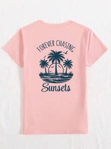 Áo thun cổ tròn tay ngắn họa tiết cây cọ bãi biển Sunsets, phù hợp mặc thường ngày, ngoài trời và ngày lễ, mọi mùa - Hồng - Xem 2