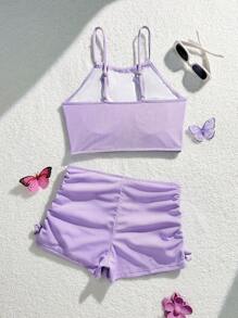 1pc Purple Sweet & Cute Solid Color Tankini Swimsuit Set For Teen Girls, Top And Boyleg Bottom - Purple - View 2