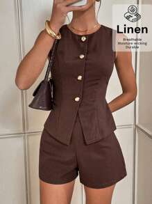Siren Gaze Women's Brown Linen Two Pieces Set: Sleeveless Round Neck Top And Regular Length Shorts, Perfect For Casual Summer Style In Fall/Winter
