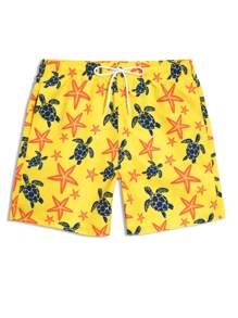 Manfinity Swimmode Men's Starfish & Turtle Print Drawstring Waist Pocket Beach Shorts Men Swim Trunks,Hawaiian - Yellow - View 4