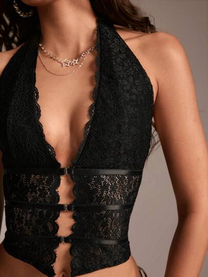 TRNVIE Débardeur femme à encolure ras-du-cou avec patchwork en dentelle et dos nu, couleur unie