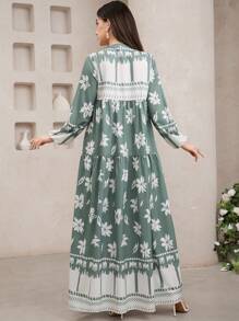 Veilorie Đầm tay loe cổ chữ V in hoa thanh lịch dành cho nữ - màu xanh lá - Xem 5