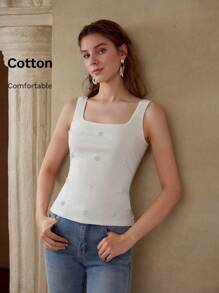 MOTF PREMIUM FAUX PEARL DETAIL SLIM FIT TANK TOP - White - View 7