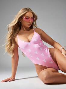 Missguided x Playboy High Cut One Piece Monokini Swimsuit Summer Beach Swimming Pool Print Pattern Adjustable Spaghetti Straps V Neck Classic Style Fashion Bathing Suit - Baby Pink - View 6