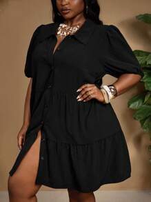 SHEIN CURVE+ Plus Size Plain Puff Sleeve Open Front Layered Cake Loose Dress, For Holiday, Curve Plus, Boho Vacation, Summer Outfits For Womenbeach Outfits For Woman/Beach Dress/Beach Vacation Outfits/Beach Essentials / Graduation/Tea Party Dress - Black - View 5