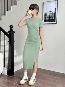 SHEIN Vestido casual de punto con cintura acanalada y fruncida con abertura para adolescentes