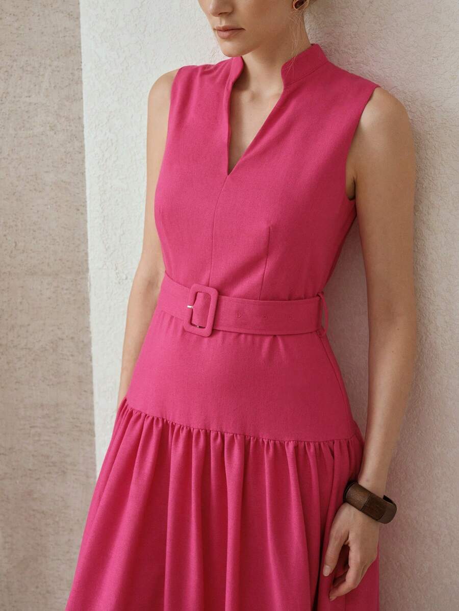 MOTF PREMIUM LINEN BELTED DRESS - Hot Pink - View 2