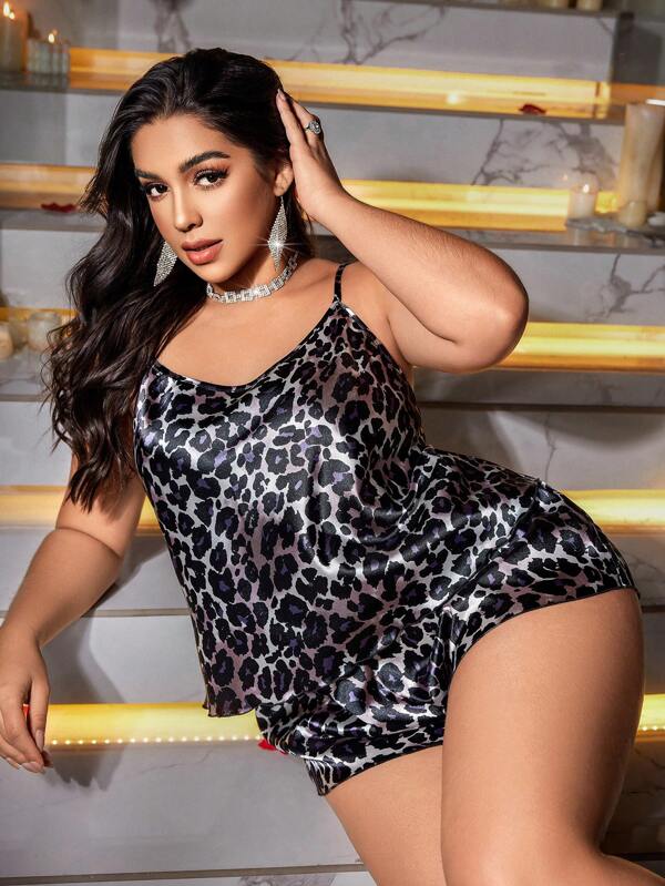 SilkySpell Plus Size Women Leopard Print Cami Top And Shorts Pajamas Set, Loungewear, Vacation