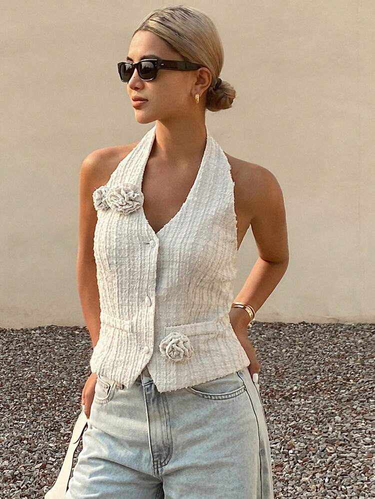 New Summer Women's Music Festival 3D Flower Decor Halter Neck Tank Top Going Out Tops