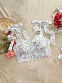 SHEIN VCAY Áo ba lỗ buộc dây in họa tiết dệt cho nữ, trang phục dạo phố thường ngày mùa xuân, kỳ nghỉ - Màu xanh lam - Xem 6