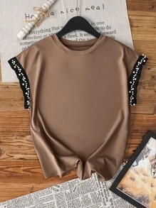 SHEIN LUNE 女士简约时尚泡泡袖T恤，适合夏季 - 棕色 - 查看 1