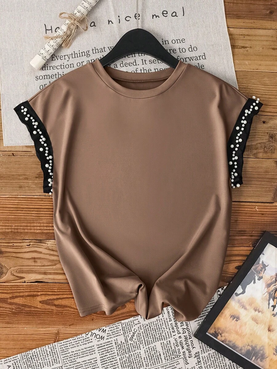 SHEIN LUNE 女士简约时尚泡泡袖T恤，适合夏季 - 棕色 - 查看 1