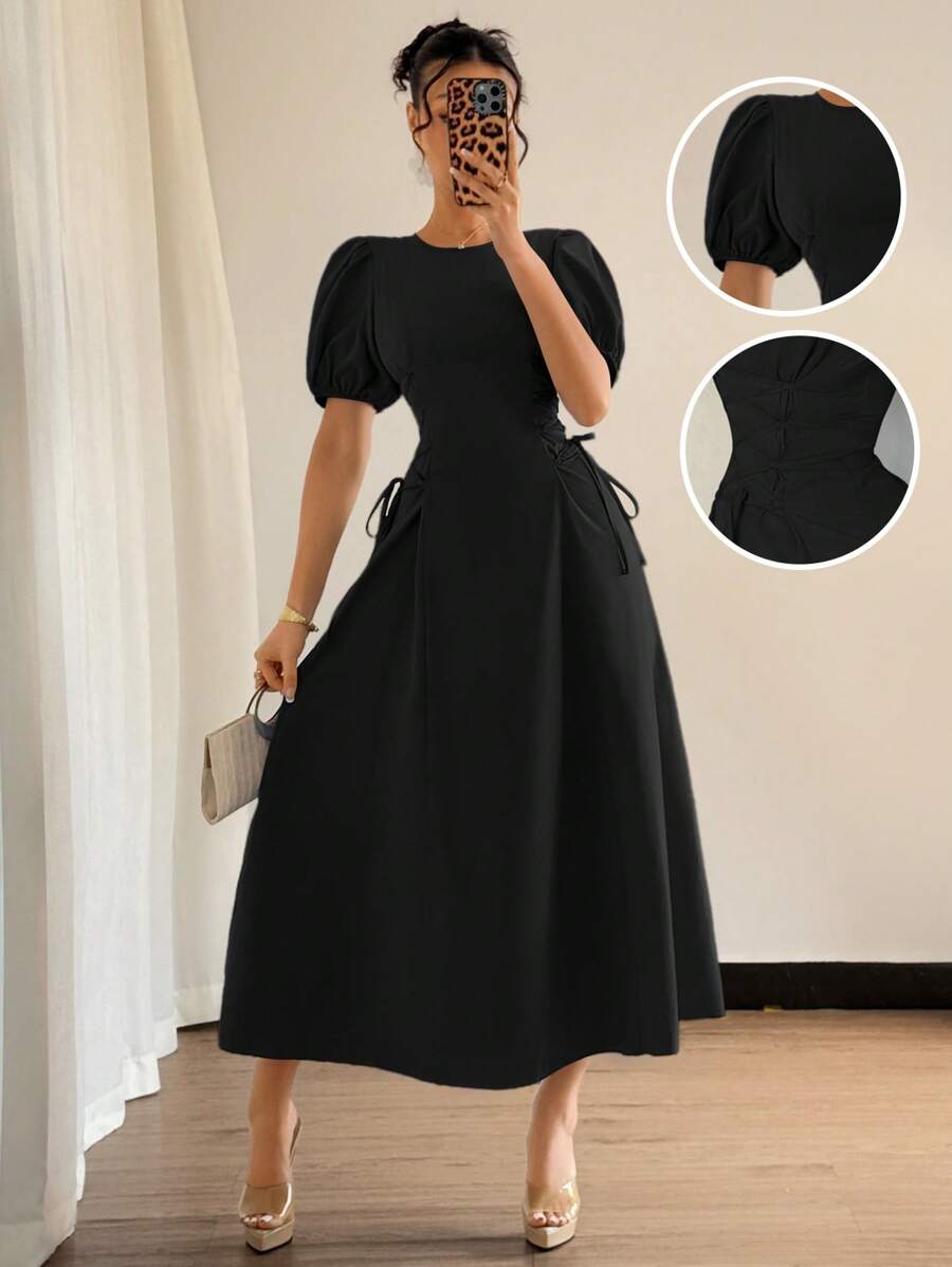 Elenzga 2025 Summer French Blue Regular Shoulder Puff Sleeve Ruched Tie Waist Slim Fit Elegant Dress - Black - View 1