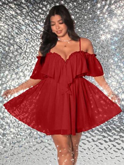 Viva Relle 加大码纯色荷叶边肩带优雅夏季细肩带连衣裙