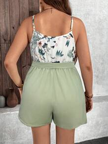 SHEIN Holidaya Plus Size Boho Jumpsuit: Sleeveless, Spaghetti Strap Floral Printed Woven Jumpsuit With A Wrap-Style Waist And Bermuda Shorts Length - Mint Green - View 2