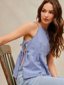 WESTFADE Summer Gingham Checkered Plaid Bow Side Tie Sleeveless A Line Tank Top Cowgirl - Blue - View 6