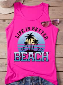SHEIN LUNE Plus Size Vacation Casual Palm Tree Slogan Print Tank Top For Beach - Hot Pink - View 1