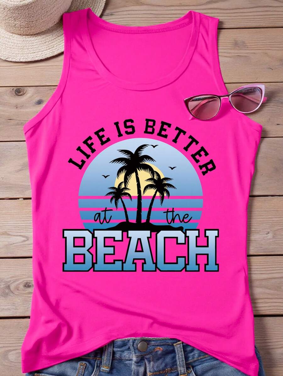 SHEIN LUNE Plus Size Vacation Casual Palm Tree Slogan Print Tank Top For Beach - Hot Pink - View 1