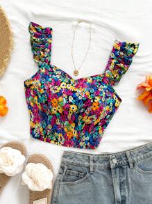 Soleia Top corto con estampado floral, tiras, espalda descubierta y ribete de volantes para mujer, perfecto para vacaciones y primavera