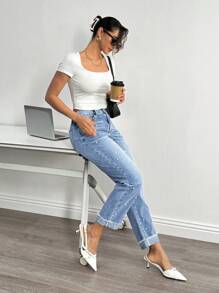 SHEIN Essnce Quần Jeans Nữ Đính Ngọc Trai Giả, Thời Trang Cho Mùa Hè - Rửa nhẹ - Xem 4