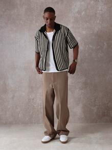 SUMWON Designer Crochet Stripe Pattern Short Sleeve Collared Polo Sweater, Retro Vintage Style Spring Summer Knit Top, Casual Everyday Wear - Black and White - View 6