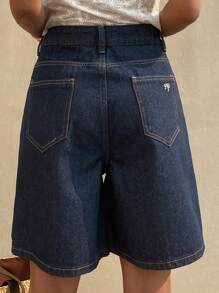 Livesso 女士宽松休闲牛仔短裤，夏季音乐节风格 - 藍色 - 查看 2