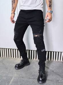 Manfinity LEGND Men's Black Ripped Denim Jeans: Stylish Distressed Long Jeans With Knee Rip Detailing - Black - View 4