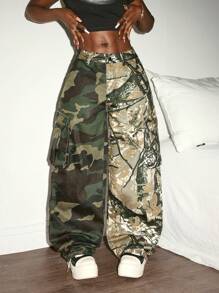 Slaydiva 女士迷彩拼布工装牛仔裤 - 軍綠色 - 查看 6