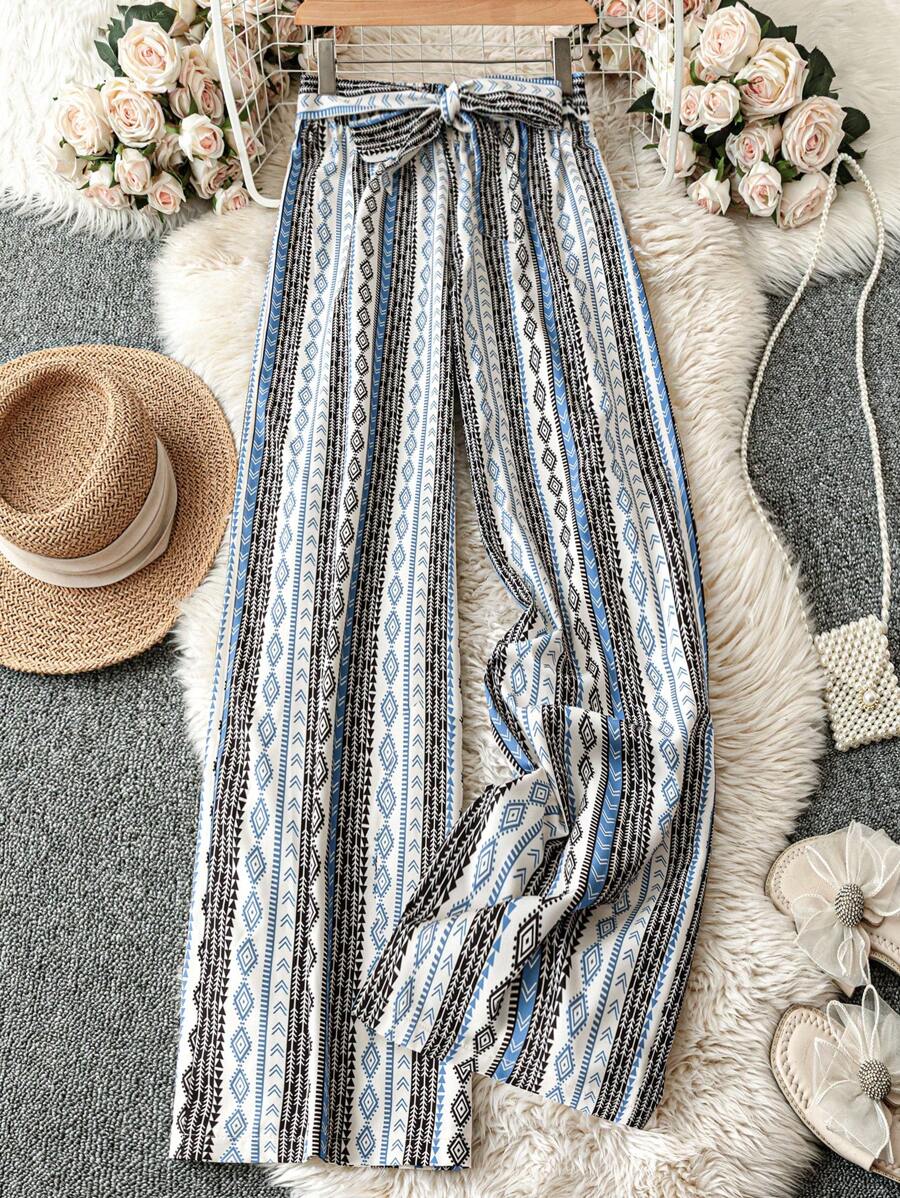 EMERY ROSE Geometric Print Contrast Color Waist Casual Loose Pants Fall Cloth For Women - Multicolor - View 1