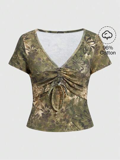 Fairycore Camiseta Corta Con Cordones Y Estampado Floral Para Mujer