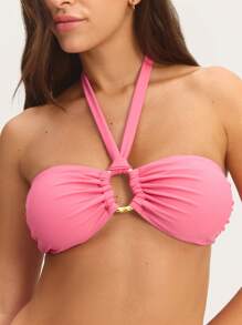 SHEIN Unity Pink Bikini Set With A Twisted Front Design And Adjustable Straps, Paired With Matching Classic Bottoms, Perfect For Bold And Chic Summer Looks. - Pink - View 4