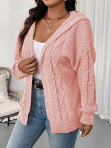 Plus Size Women Solid Color Drop Shoulder Long Sleeve Loose Casual Hooded Cardigan, Autumn/Winter