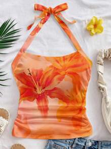 SHEIN WYWH 大码女式扎染热带花卉印花休闲宽松挂脖背心，夏季 - 黃色 - 查看 4