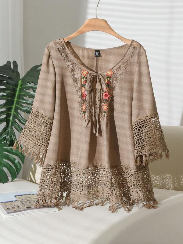 CosyJoli Plus Size Boho Blouse With Floral Embroidery, Lace Trim, And Tie Neck Detail – Apricot Woven Top With Three-Quarter Sleeves, Semi-Sheer For A Flowy, Look