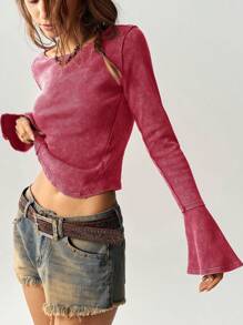 Bohemela BOHO Vacation Solid Color Knit Round Neck Flare Sleeve Fitted Regular Women T-Shirt