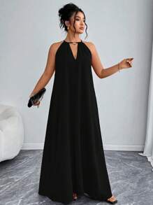 Elenzga 大码女式时尚无袖宽松纯色吊带连衣裙，情人节红色，新年 - 黑色 - 查看 1