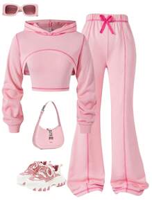 SHEIN Sparklyn Tween Girls 3 件套休闲套装 - 对比色针脚短款连帽衫、细肩带和喇叭裤 - 粉色 - 查看 8