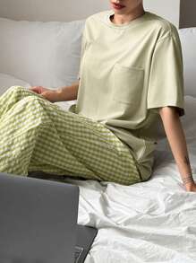 DAZY 2件套简约圆领T恤上衣和格子裤家居服套装 - 綠色 - 查看 7