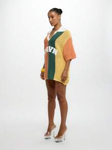 SUMWON WOMEN Oversized Crochet Knit Polo Top Summer Beach Cover Netted Mesh Poolside Resort Wear Sporty Streetwear Casual Weekend Slouchy Pull-Over,Tops For School - Multicolor - View 5