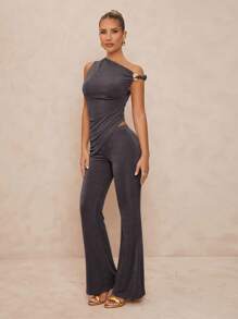 Lumalex 1pc Women's Asymmetric Metal Decor Bodycon Flare Sleeve Two Pieces Set - Dark Grey - View 3