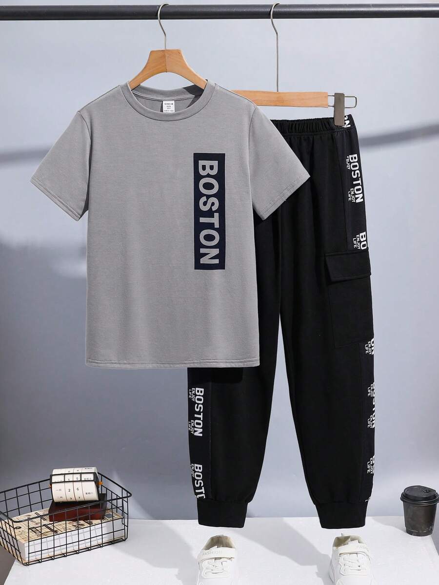 SHEIN 2pcs Tween Boy Casual Solid Color Letter Graphic Short Sleeve Crew Neck T-Shirt And Side Stripe Elastic Waist Pocket Shorts Set, Suitable For Spring, Summer, Autumn, Great For Outdoor Play, School, Street, Party And Home Leisure, High Cost-Effective - Grey - View 1