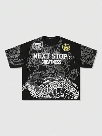 Anime Camiseta de verano holgada y casual con estampado de dragón para hombre