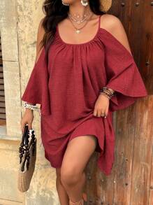 SHEIN Holidaya Plus Size Casual Round Neck Ruched Slit Flare Sleeve A-Line Dress - Red - View 6