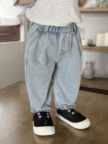 SHEIN 男婴休闲柔软复古水洗宽松蓝色牛仔锥形裤，适合婴儿春夏装日常穿着 - 淺色水洗藍 - 查看 4