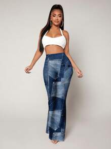 SHEIN SXY 1pc Women High Waist Denim Effect Flare Leg Pants, Suitable For Autumn And Winter,Outgoing - Blue - View 3