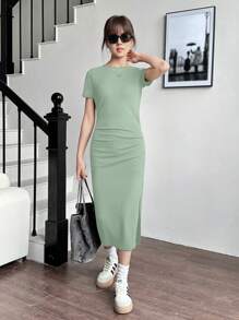 SHEIN Vestido casual de punto con cintura acanalada y fruncida con abertura para adolescentes